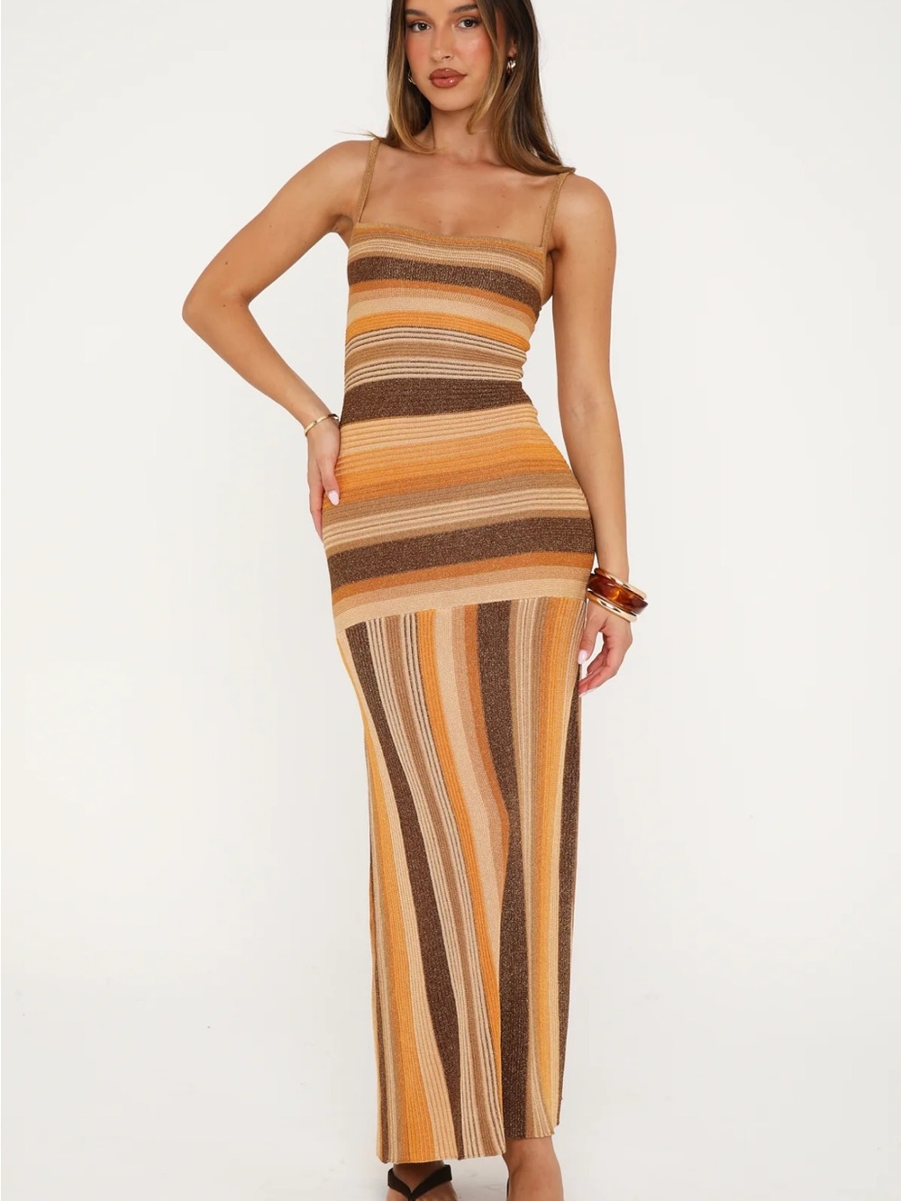 White Fox Boutique Linear Heat Striped Knit Maxi Dress in Gold, Tan, and Brown